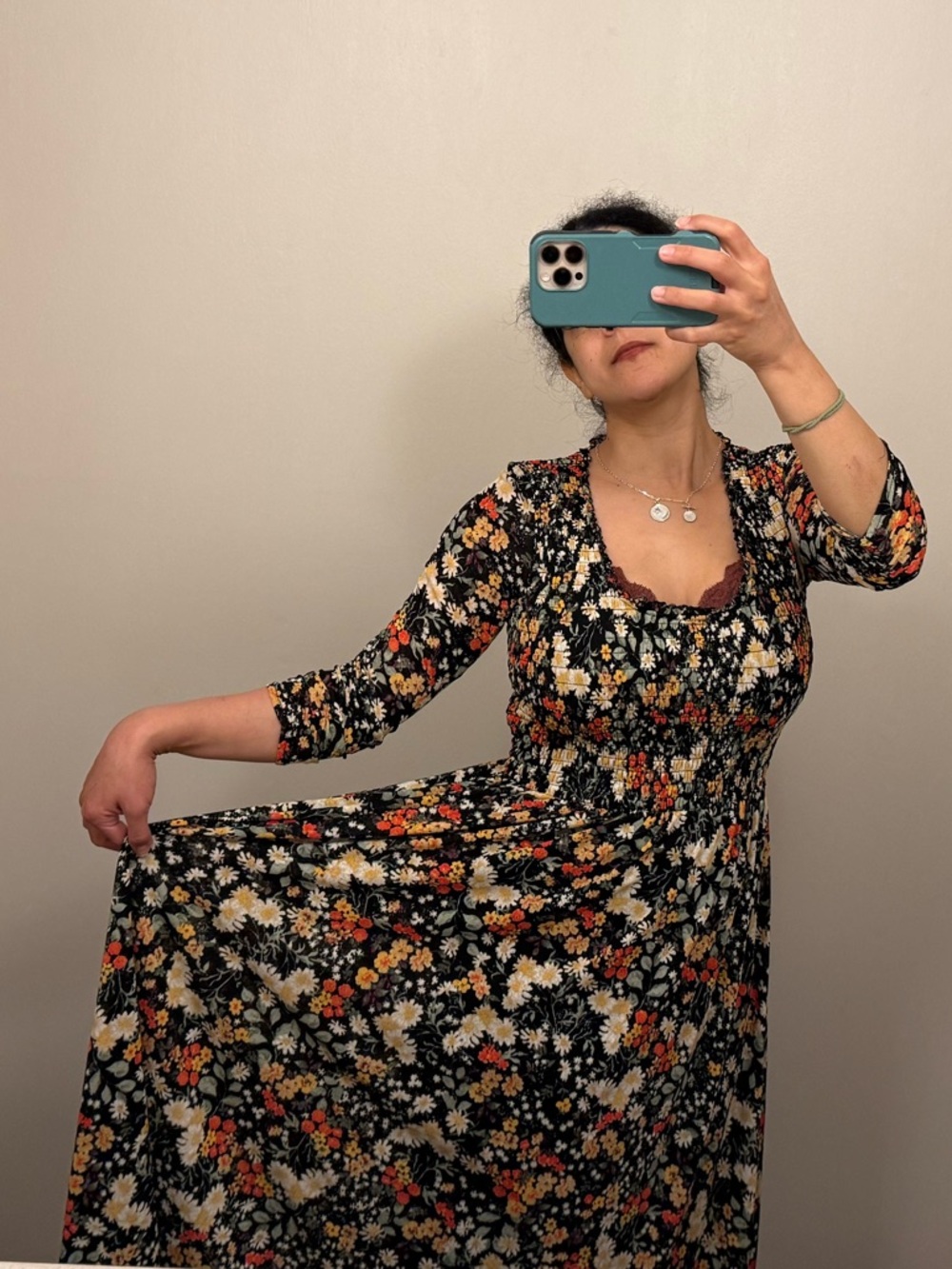 NWOT Anthropologie Black Floral Maxi Dress Maeve Omya w/ Ruched Sleeves